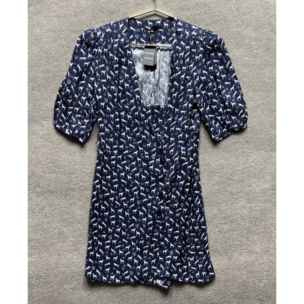 Maje Jacquard Wrap Mini Dress Women 36 Navy Blue Horse Shoe Print Button Up NWT